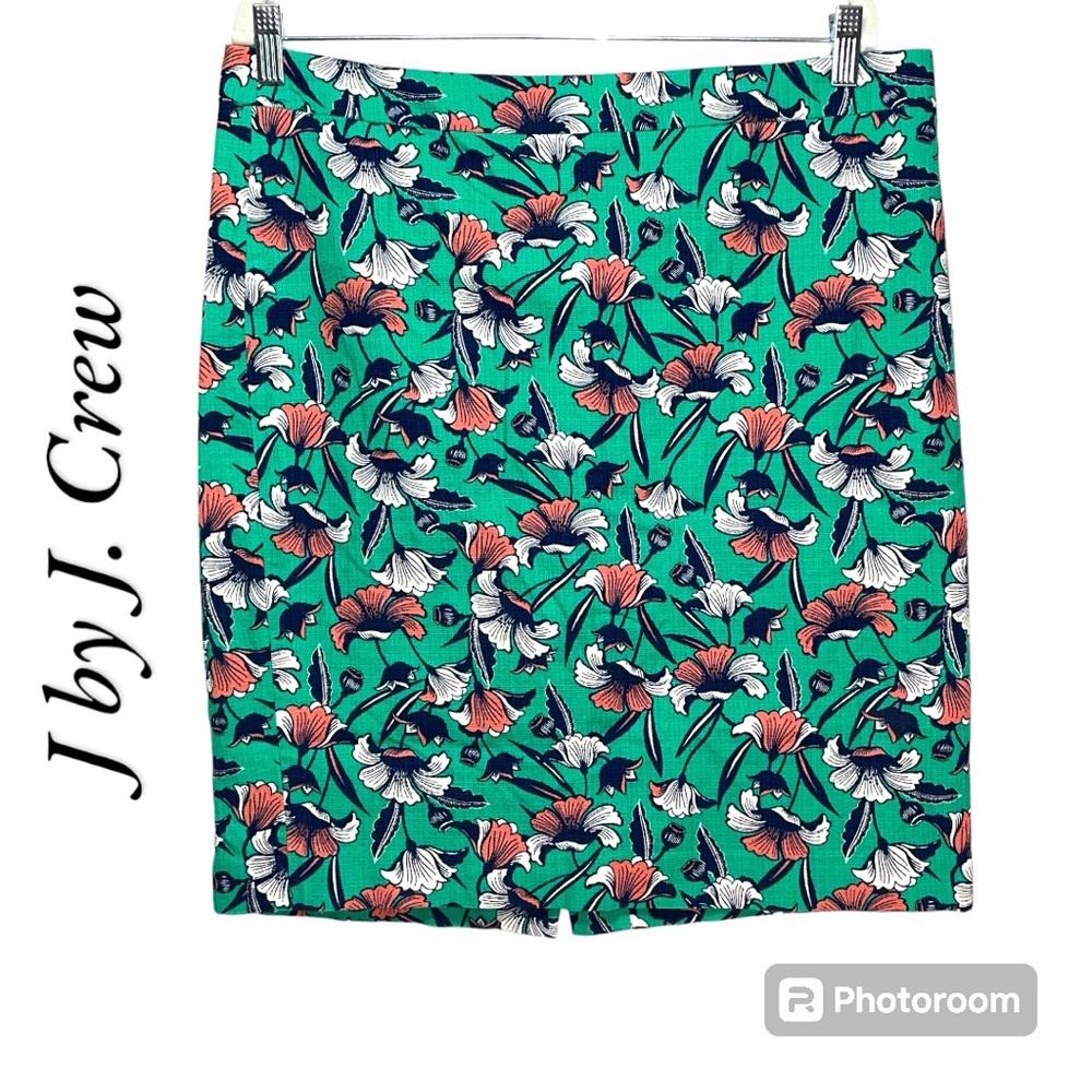 J. by J. Crew Green Floral Basketweave Pencil Skirt Women's Size 12